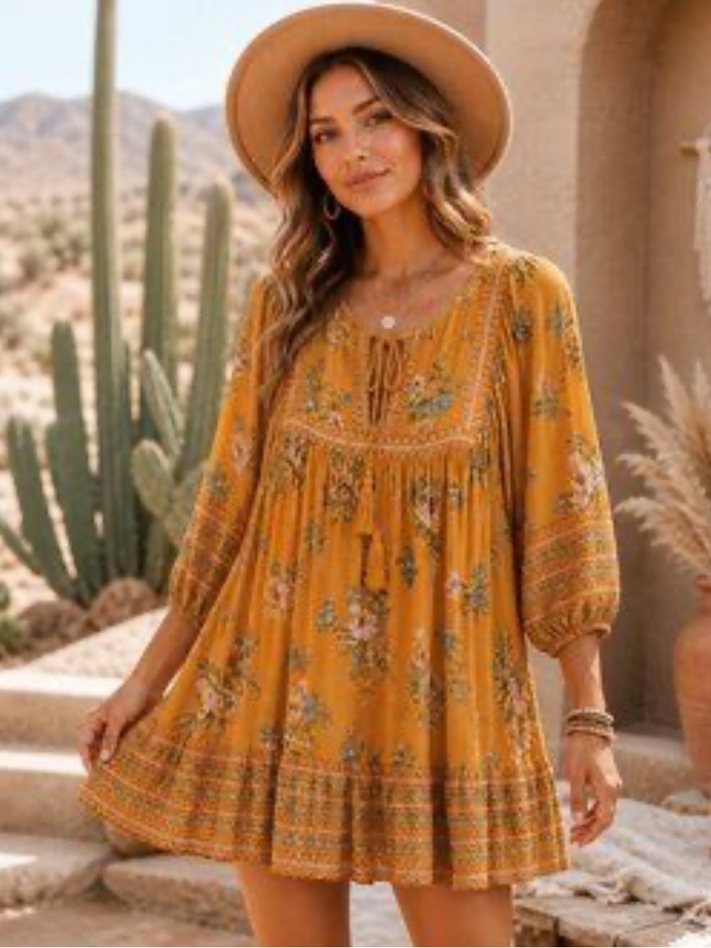 Rachel Zoe Mustard Floral Boho Tunic Top Size Medium Peasant Balloon Sleeve